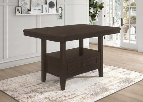 Prentiss extendable rectangular counter height table in cappuccino angled view
