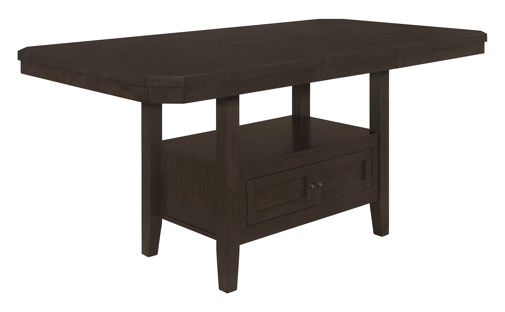 Prentiss table close-up of cabinet doors and metal knobs