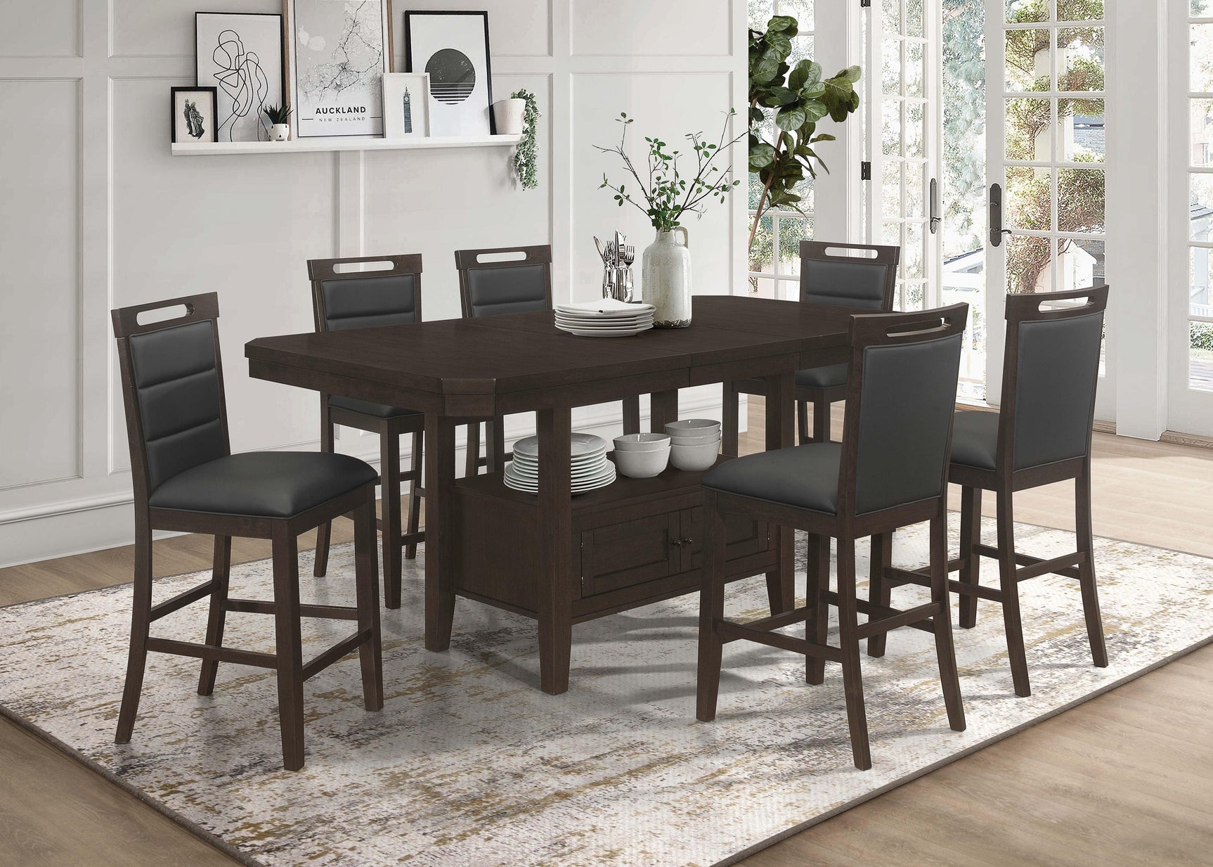 Prentiss extendable rectangular counter height table showing butterfly leaf extended