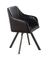 Side view of black leatherette swivel dining chair with gunmetal legs