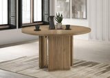 Close-up of the curved tripod pedestal base of Adina dining table