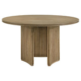 Top view showing round oak veneer tabletop with wood grain texture