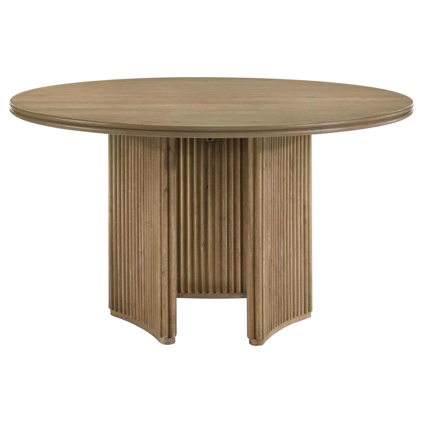 Top view showing round oak veneer tabletop with wood grain texture