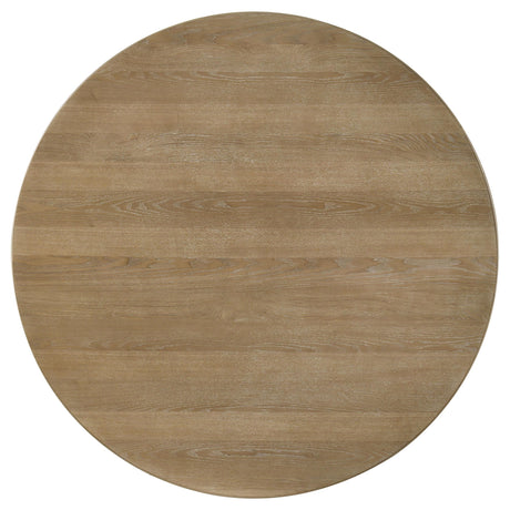 Detail of distressed light brown finish on dining table surface