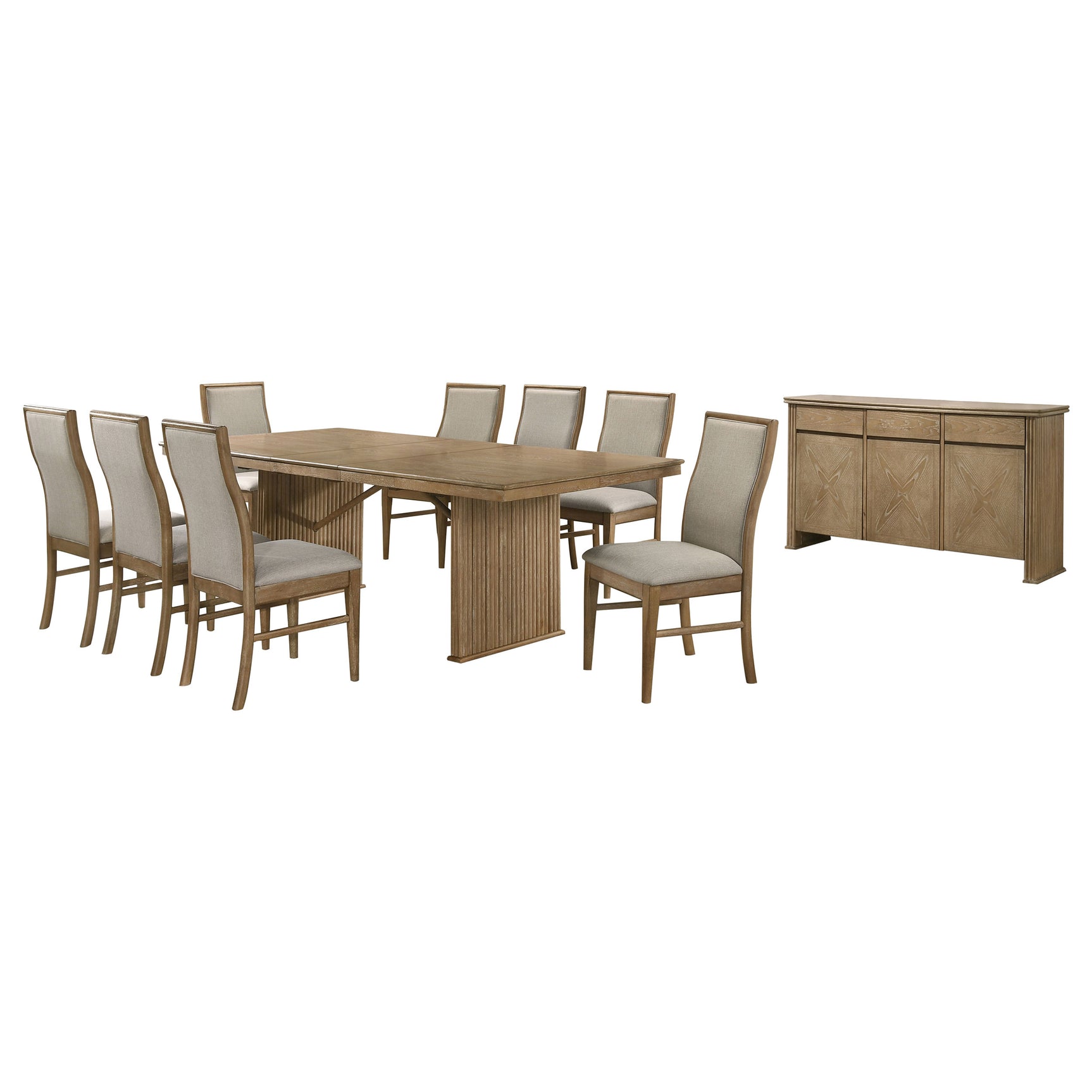 Room setting with Adina light brown dining table, 8 chairs, and storage