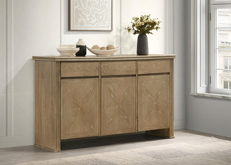 Side view of Adina distressed light brown sideboard server
