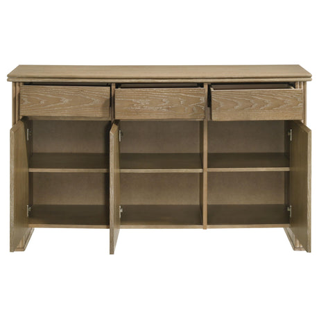 Open door showing adjustable shelves inside Adina sideboard