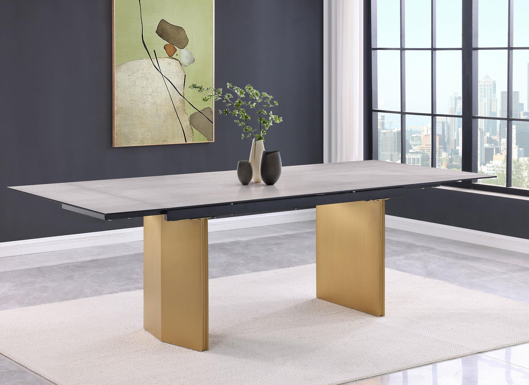 Brushed gold stainless steel base of Vesa dining table