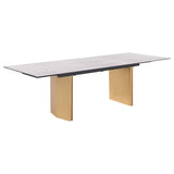 Extension leaf on beige glass dining table pulled out