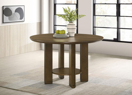 Ottowa dining table showing open lower shelf in rich brown finish