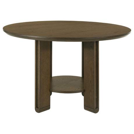 Close-up of table leg and wood grain on Ottowa round dining table