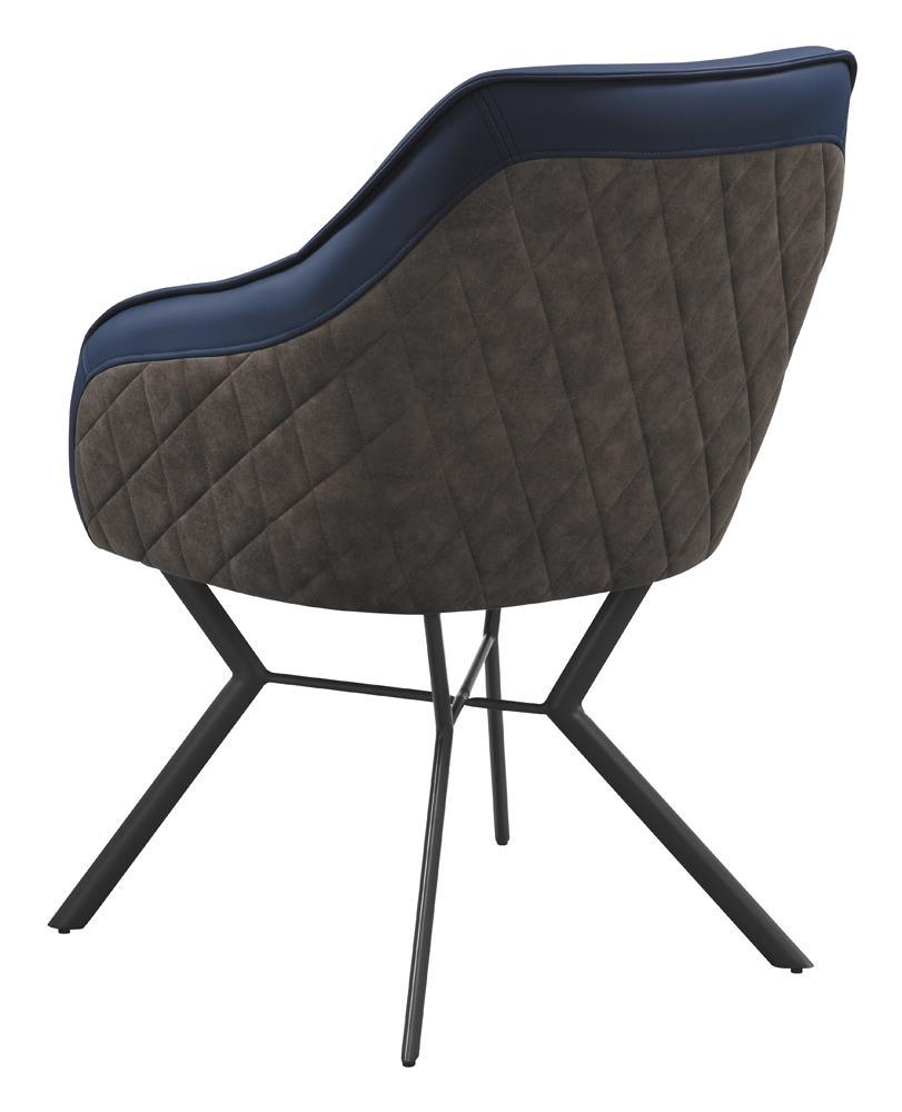 Blue upholstered seat with sloped armrests on Trevon chair