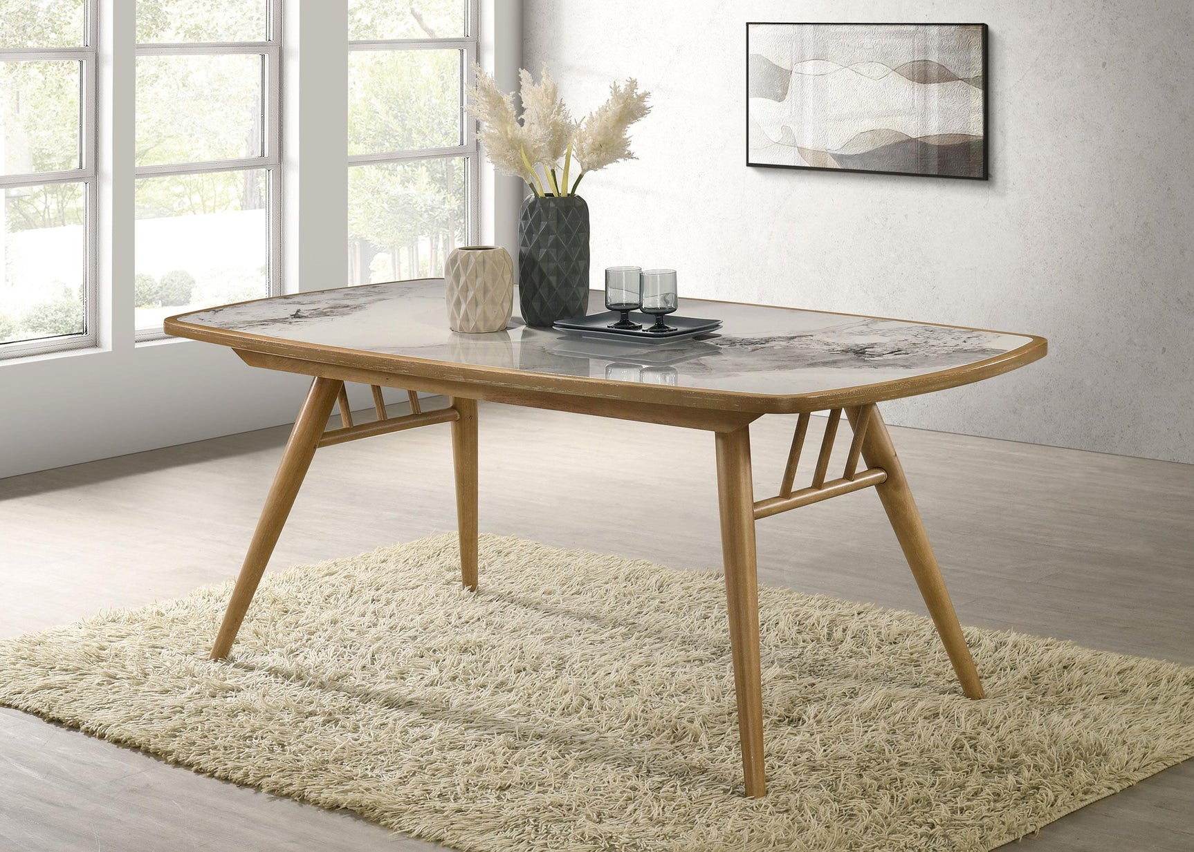 Side view of Croyden 73-inch rectangular dining table legs and stretchers