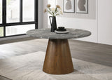 Franklin dining table side angle showcasing inverted conical dark oak pedestal