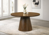 Franklin dining table side angle showing pedestal base