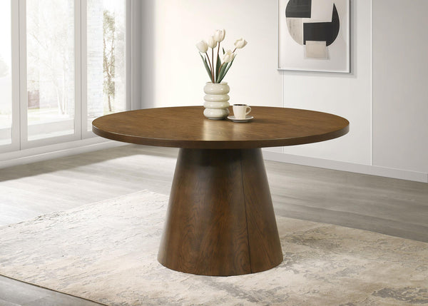 Franklin dining table side angle showing pedestal base