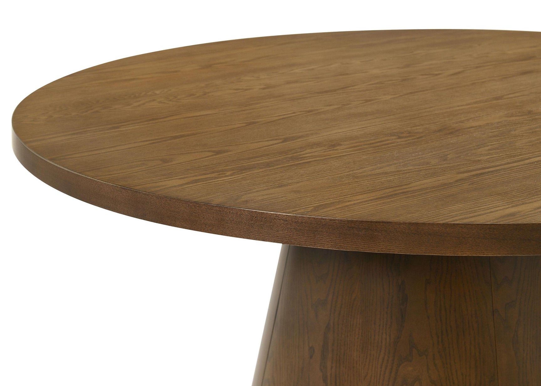 Pedestal base of Franklin round dining table in dark brown