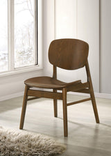 Side view of Benford dark brown wood dining side chair