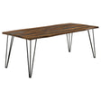Neve Live-edge Dining Table with Sheesham grey top and gunmetal hairpin legs angled front