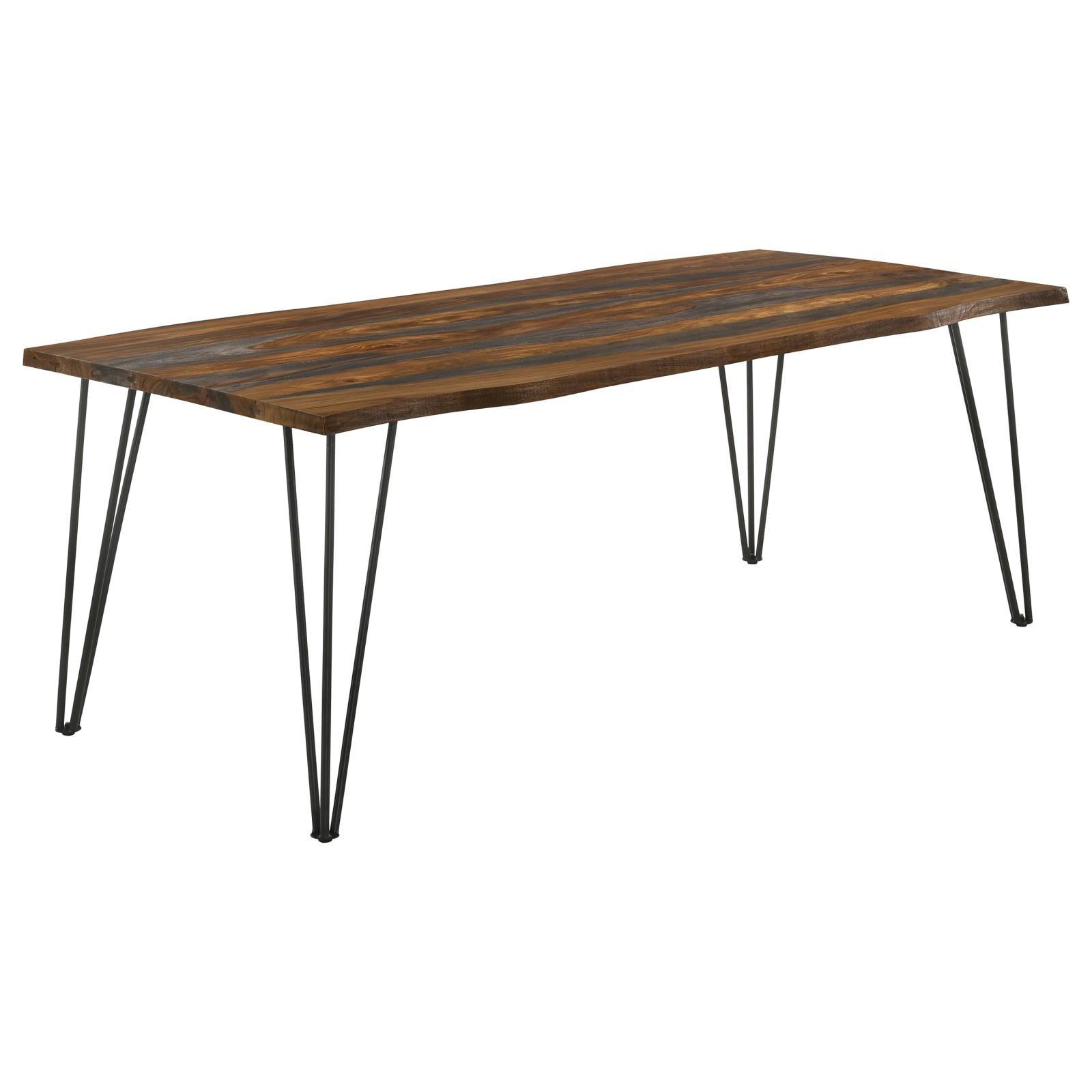 Neve Live-edge Dining Table with Sheesham grey top and gunmetal hairpin legs angled front