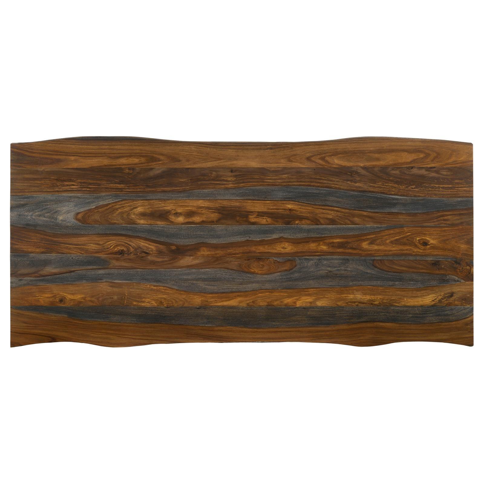 Side view of Neve Sheesham wood live-edge dining table with gunmetal legs