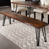 Neve Live Edge Dining Bench - front view of grey live-edge Sheesham wood seat with gunmetal hairpin legs