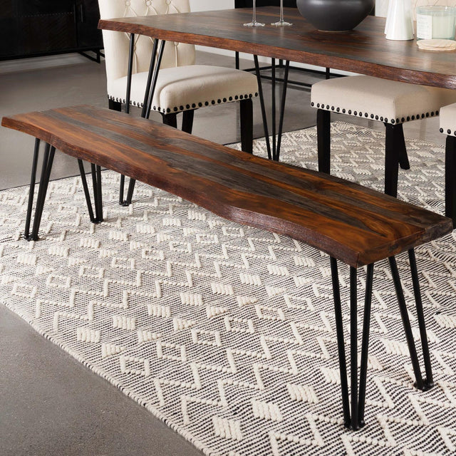 Neve Live Edge Dining Bench - front view of grey live-edge Sheesham wood seat with gunmetal hairpin legs