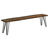 Side angle of Neve Live Edge Sheesham Wood Dining Bench showing natural wood grain and metal legs