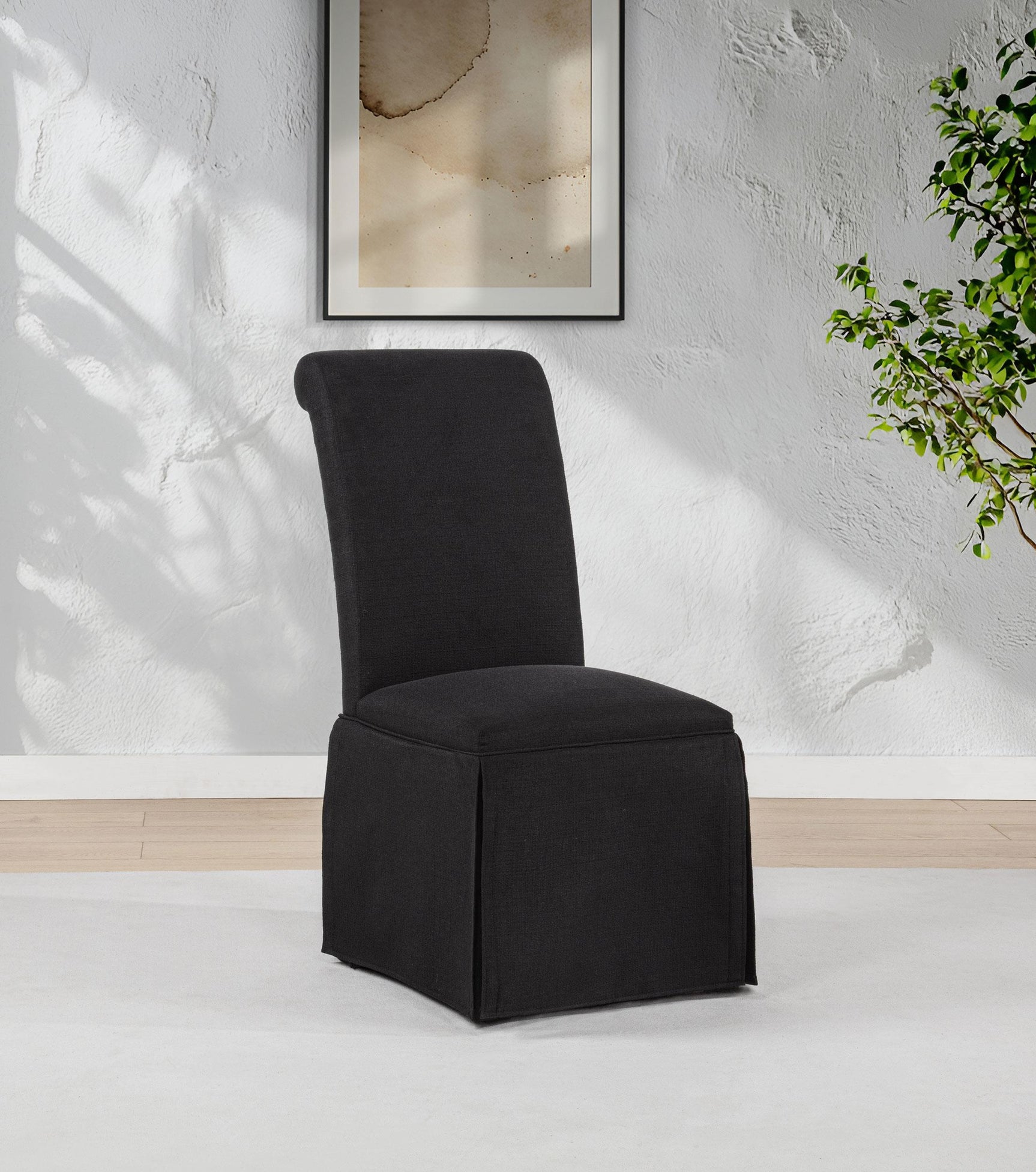 Shawna Chair side view showing skirt and rolled top rail