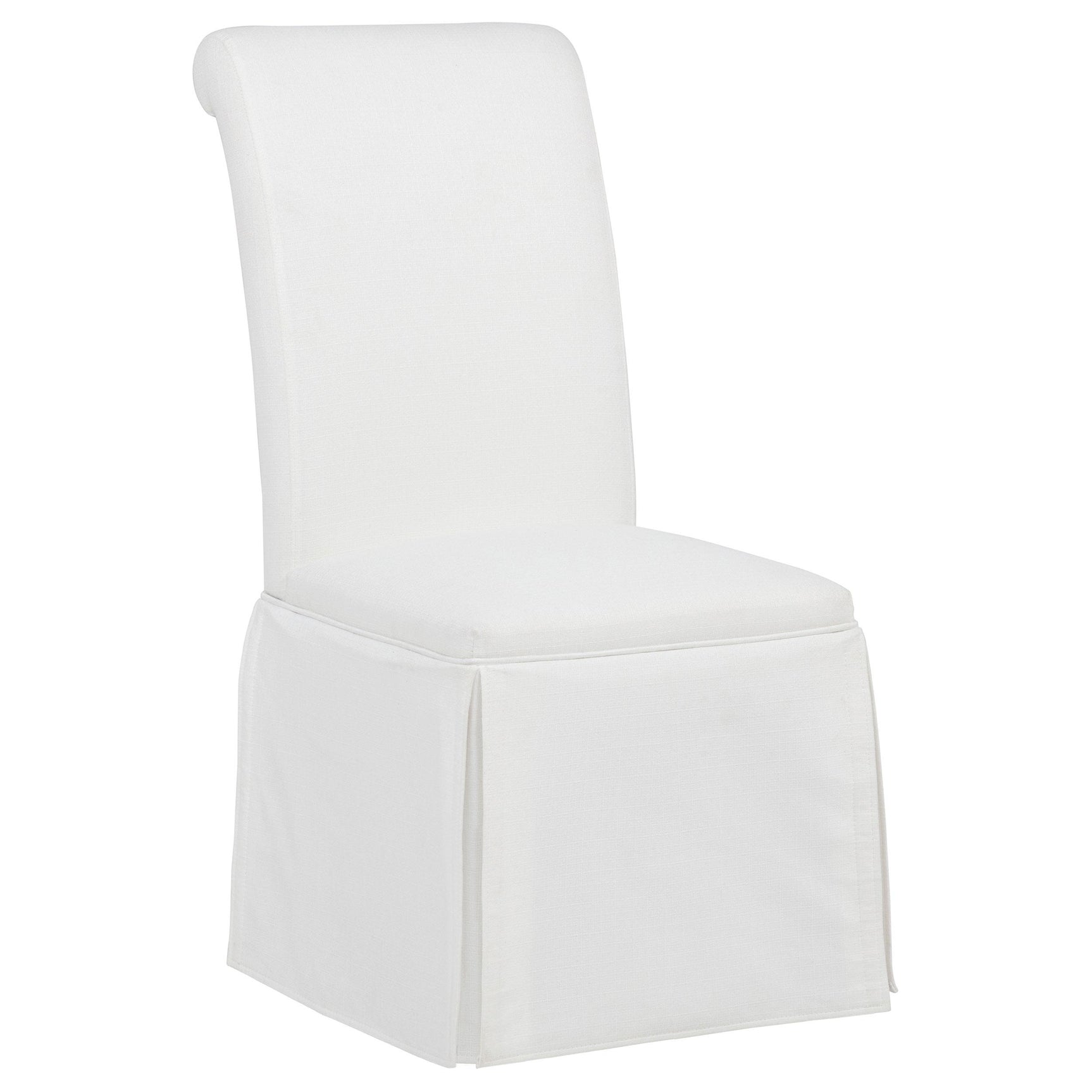 Shawna white upholstered skirted side chair back detail
