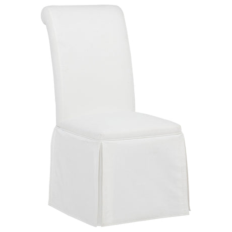 Shawna white upholstered skirted side chair back detail