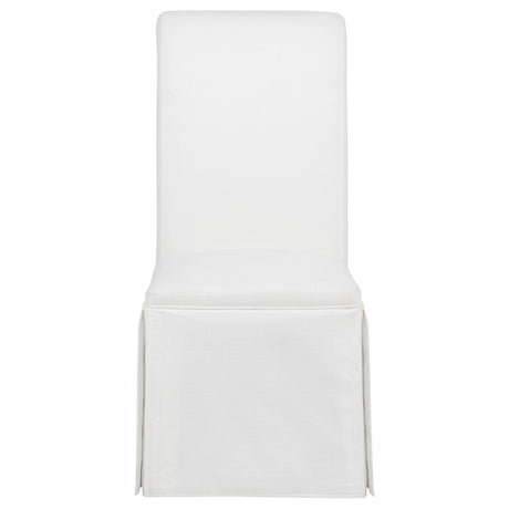 Shawna upholstered side chair cushion and wood leg close-up