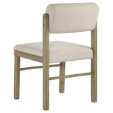Dining room scene with Kehoe cream upholstered chairs