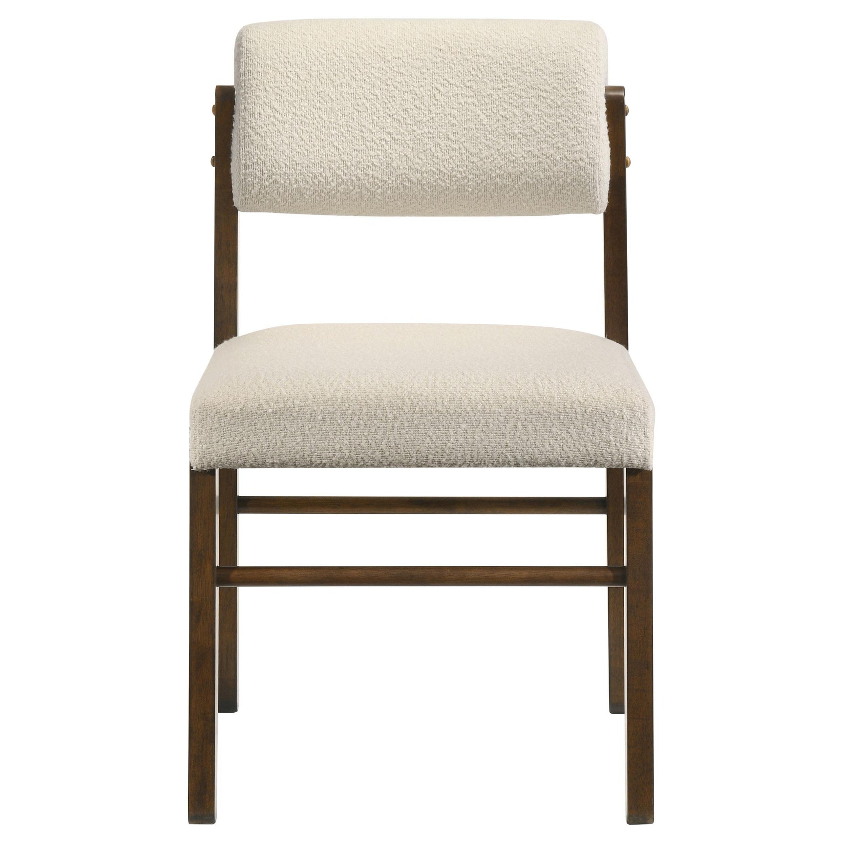 Side profile of armless upholstered dining chair