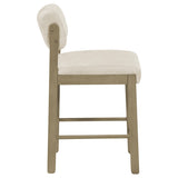 Rubberwood legs with footrest stretchers detail on Kehoe upholstered chair