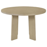 Side detail of Strouse table’s vertical rubberwood pedestal panels