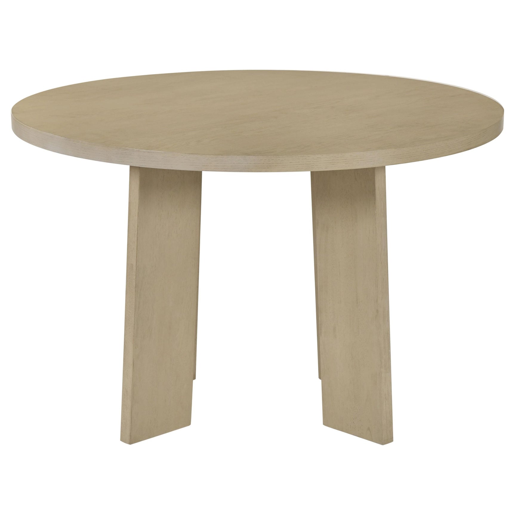 Side detail of Strouse table’s vertical rubberwood pedestal panels