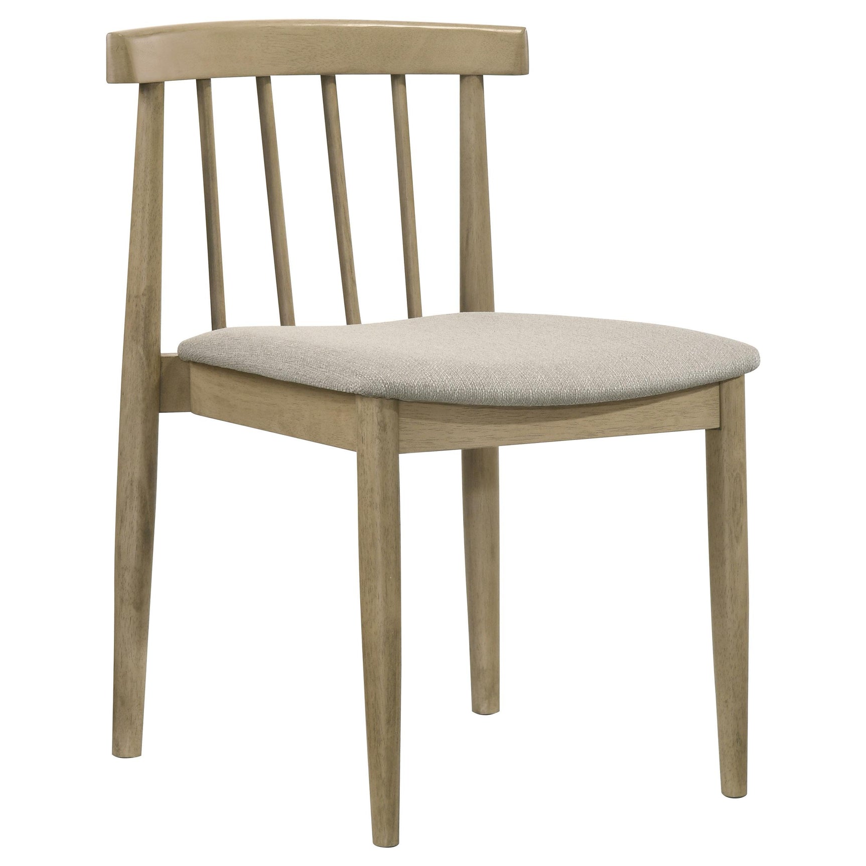 Close-up of wheat-tone fabric upholstery and foam cushion on Cullen dining chair