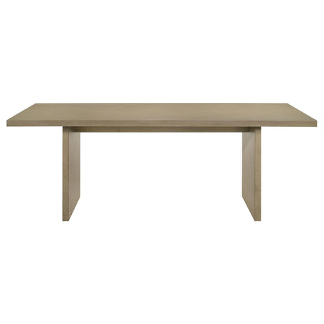 Side view showing bold panel legs and open base design