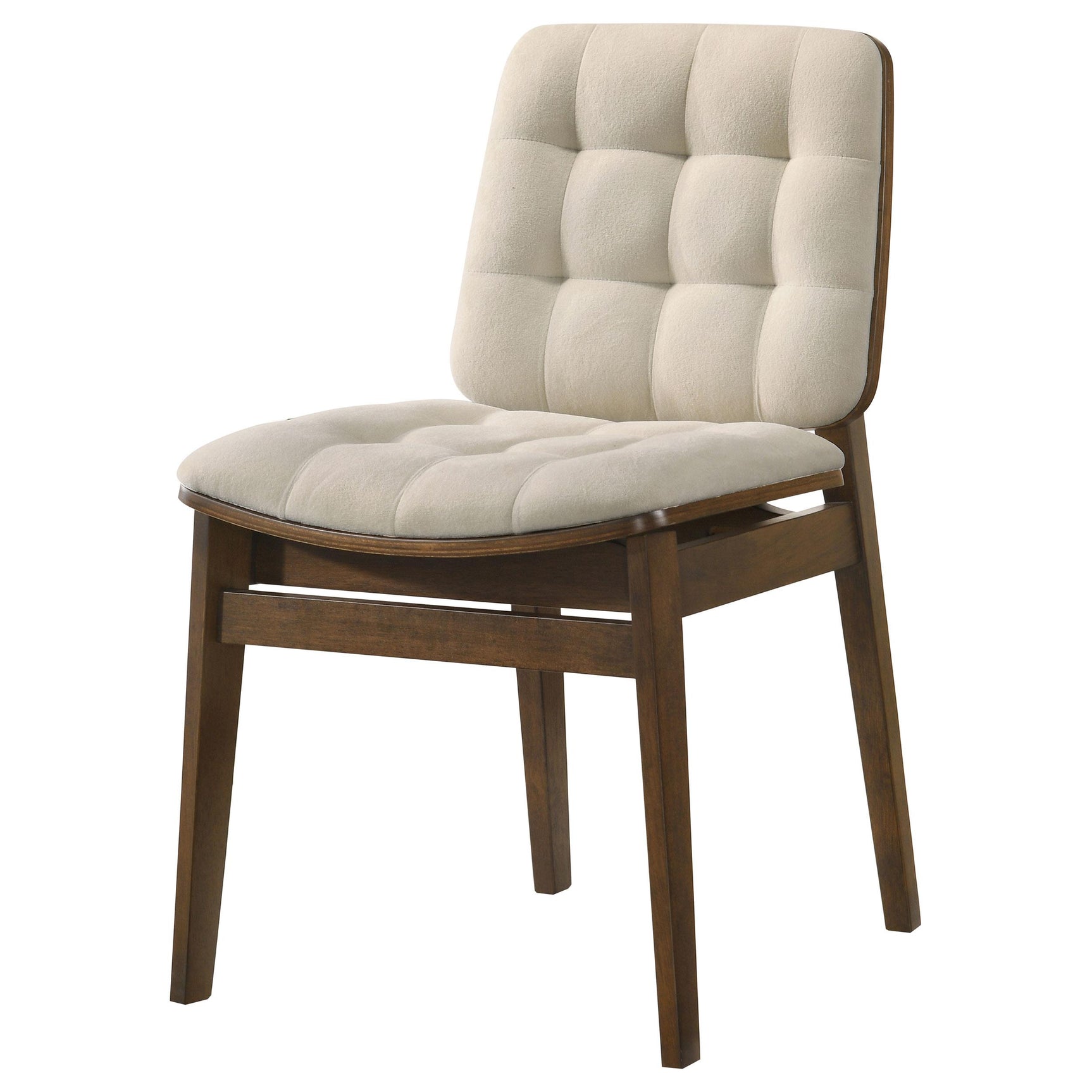 Close-up of channel tufted cream velvet upholstery on Redbridge dining chair