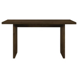 Side view of Decker 70-inch rectangular dark walnut counter height dining table