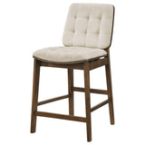 Close up of Redbridge chair cream velvet upholstery and walnut wood frame