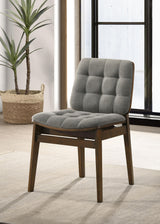 Side view of Redbridge dining side chair with grey velvet seat and walnut tapered legs