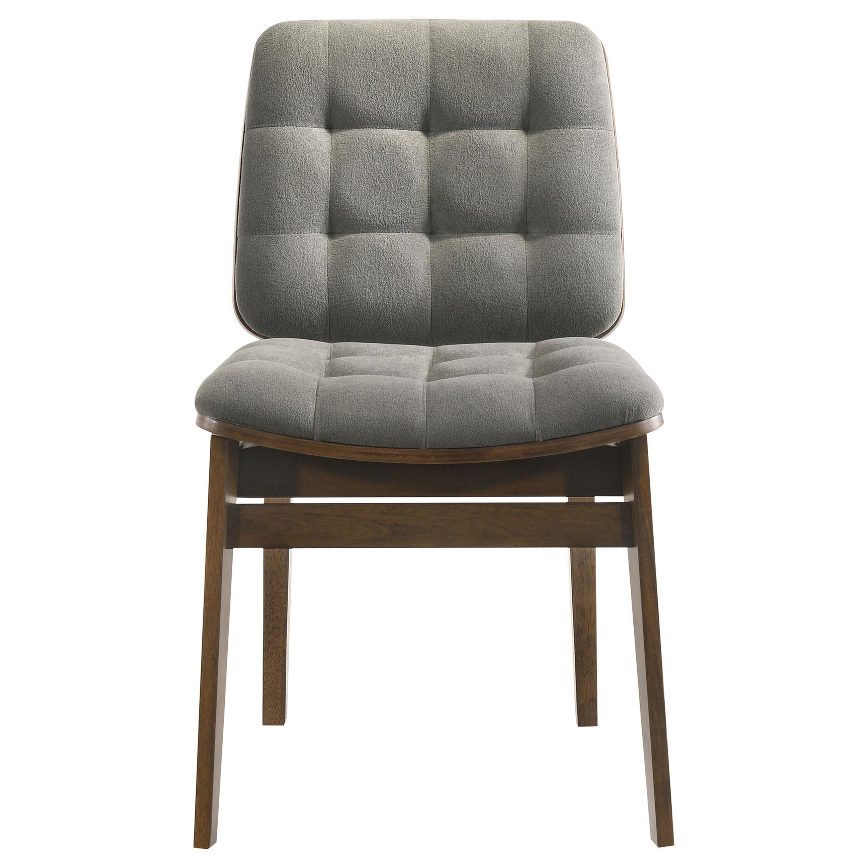 Back view showing upholstered back and walnut frame of Redbridge dining chair