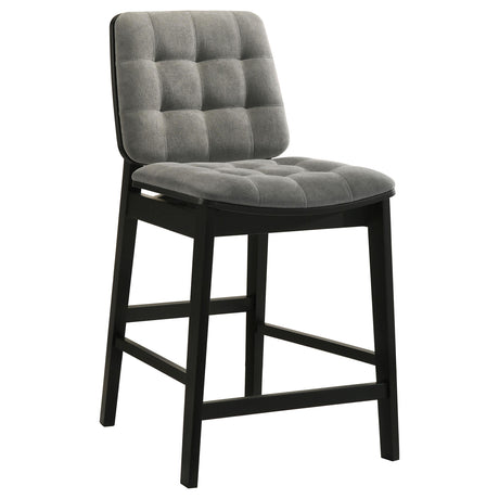 Back of Redbridge Grey Velvet Upholstered Counter Chair with black tapered wood legs