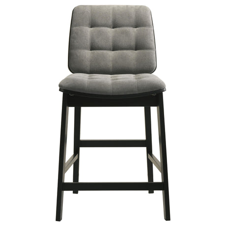 Close-up of the channel-tufted grey velvet seat and back on Redbridge counter chair