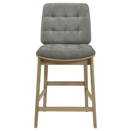 Back angle of Redbridge grey velvet upholstered counter chair with wooden frame