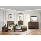 Close-up of headboard of Erwan Espresso King Bed showing detailed veneer work