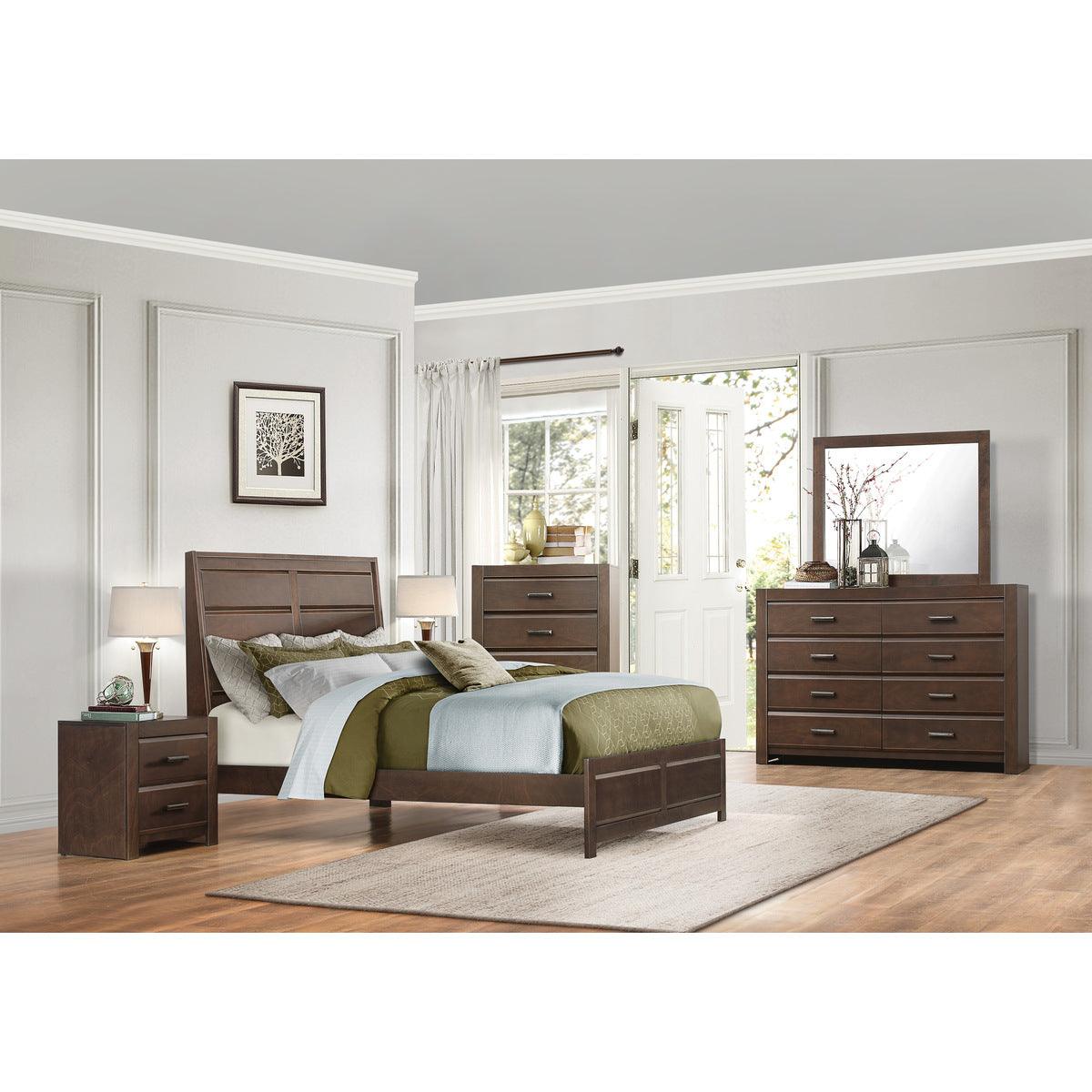 Close-up of headboard of Erwan Espresso King Bed showing detailed veneer work