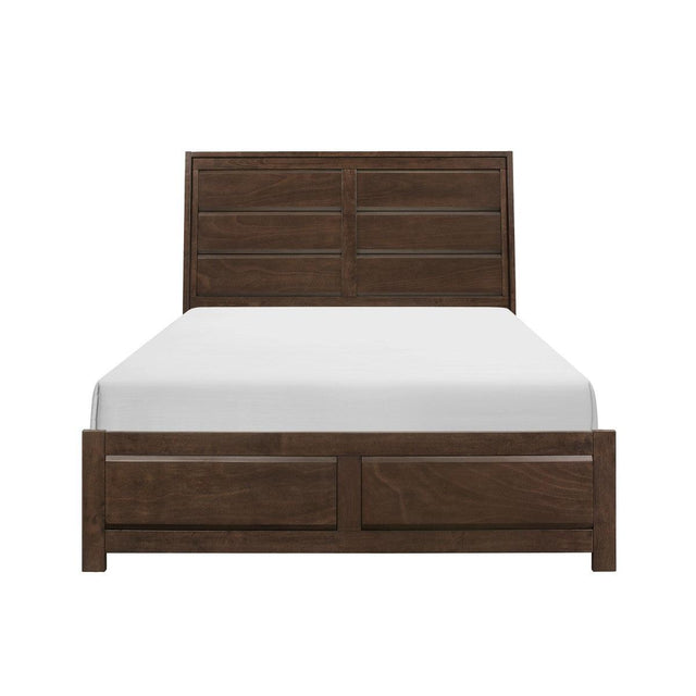 Front view of Erwan Espresso Eastern King Panel Bed with beveled frame